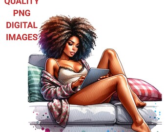Watercolor African American Woman PNG Images: Work From Home Clipart (Digital Download)