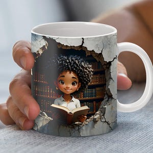 African American Girl Reading Digital Download, 3D PNG Mug Wrap, High Definition 2250x1050, 300dpi, Reader Illustration