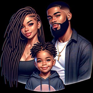 50 imagens digitais positivas de alta qualidade de família negra, PNG, clip art, várias poses, vários estilos de arte