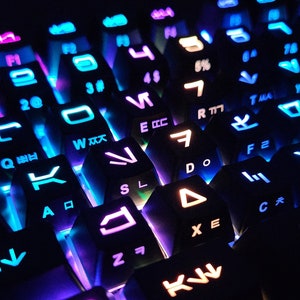 May include: A close-up of a black mechanical keyboard with colorful backlighting. The keys are labeled with letters, numbers, and symbols. The keyboard has a modern design and is perfect for gaming or typing.
