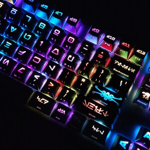 May include: A black keyboard with rainbow colored lights. The keys have Star Wars themed symbols on them, including the Millennium Falcon, X-Wing, and Darth Vader.