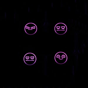 May include: Four pink emoji faces with different expressions are displayed against a black background. The emojis include angry, cool, and happy faces. The design is simple and modern, with a neon gradient effect.