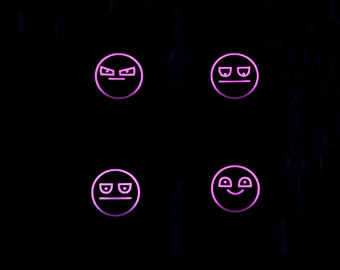 Pode incluir: Quatro rostos de emoji rosa com diferentes expressões em um fundo preto. Os emojis incluem rostos zangados, legais e felizes. O design é simples e moderno, com um efeito de gradiente neon.
