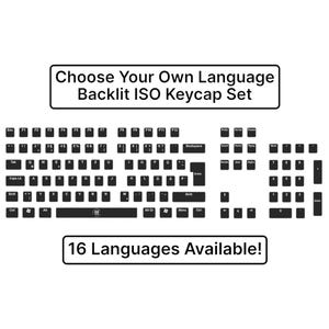 Pode incluir: Imagem a preto e branco de um conjunto de teclas de teclado. O texto diz "Choose Your Own Language Backlit ISO Keycap Set" e "16 Languages Available!". As teclas estão dispostas num layout padrão.