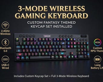 Teclado mecánico RGB inalámbrico de perfil bajo con 3 modos inspirado en juegos de rol de fantasía, hecho a mano / Teclado para juegos retroiluminado personalizado /