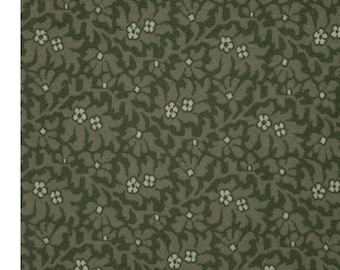 May include: A detailed pattern featuring a repeating design of dark green leaves and small white flowers on a muted olive-green background. The floral pattern is densely packed, creating a textured appearance, suitable for fabric or wallpaper.