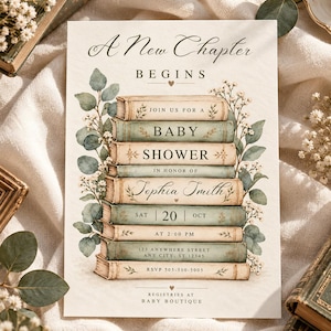 May include: A rectangular baby shower invitation card featuring a stack of illustrated books with green and cream spines. The text reads A New Chapter Begins, Join Us For A Baby Shower In Honor Of Tophia Smith, Sat 20 Oct, At 2:00 PM, 123 Anywhere Street, RSVP 505-500-5005, Registries At Baby Boutique.