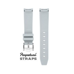 May include: Two light gray watch straps with a stainless steel buckle. The straps are made of a flexible material and feature the text "Perpetual STRAPS" in black. One strap has adjustment holes.