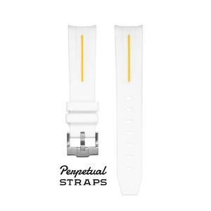 May include: White watch straps with a yellow vertical stripe. One strap has a silver buckle. The text "Perpetual STRAPS" is below the straps.