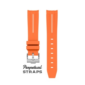 May include: Bright orange watch straps with a silver buckle. The straps have a textured surface and vertical lines. The text "Perpetual STRAPS" is printed below the straps.