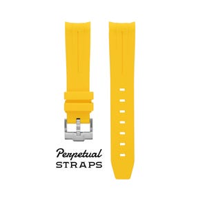 May include: Two bright yellow watch straps with a silver buckle. The straps are made of a flexible material and have a ribbed texture. The text "Perpetual STRAPS" is printed in black cursive font below the straps.