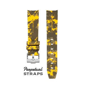 May include: Watch straps with a digital camouflage pattern in yellow and olive green. The straps have a silver buckle and the text "Perpetual STRAPS" in a script font.