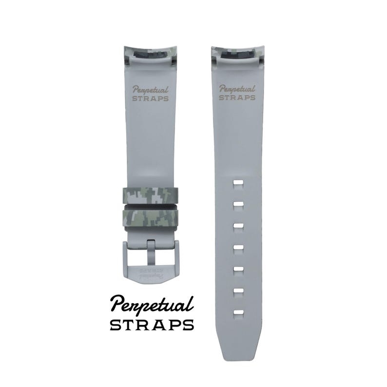 May include: Two gray watch straps with the text "Perpetual STRAPS". One strap has a camouflage pattern in shades of green and gray. The other strap has a series of holes for adjustment. The buckle is silver.