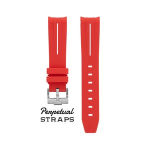 May include: Bright red watch straps with a silver clasp. The straps are made of a flexible material and feature a vertical groove design. The text "Perpetual STRAPS" is printed below the straps.