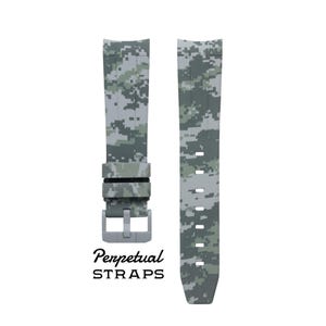 May include: Two watch straps with a digital camouflage pattern in shades of gray and green. The straps have a silver-colored buckle and the text "Perpetual STRAPS" is printed below the straps.