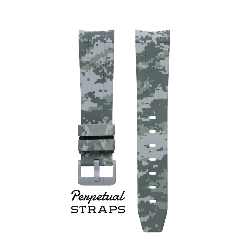 May include: Two watch straps with a digital camouflage pattern in shades of gray and green. The straps have a silver-colored buckle and the text "Perpetual STRAPS" is printed below the straps.