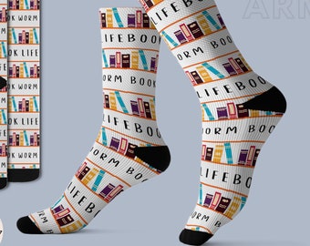 Reading Socks Cute Librarian Fun Socks Men's and Women's Comfy Crew Pattern Socks