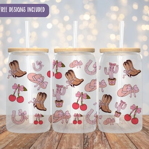 Coquette Cowgirl Glass Can Wrap PNG, Cowgirl boots,16oz Libbey Glass Cup Wrap, Western Aesthetic Sublimation Design, Iced Coffee Tumbler PNG
