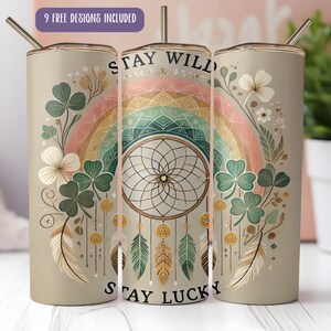 St Patricks Day Boho Tumbler Wrap - St Pattys Day Png - Feather Dreamcatcher - Shamrock Tumbler Png - Irish Celebration 20oz Skinny