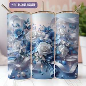 Tumbler Wrap con fiocco floreale blu: tumbler sottile da 20 oz, stampa a sublimazione (download digitale)
