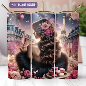 Paris Tumbler Wrap, Eiffel Tower France 20 oz Skinny Tumbler Sublimation Design, French Champagne Tumbler Wrap, Instant Digital Download PNG
