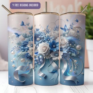 Tumbler Wrap con fiocco floreale blu: tumbler sottile da 20 oz, design a sublimazione (download digitale)