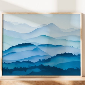 Blue Mountain Landscape Painting, Abstract Wall Art, Watercolour Wall Art, Modern Wall Art, Home Decor, Living Room Decor, Mountain Wall Art