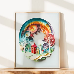 Impresión de arte de pared infantil, arte de pared de guardería, impresión de paisaje de fantasía, decoración de habitación de niños, arte de pared para niños, arte de pared de arco iris