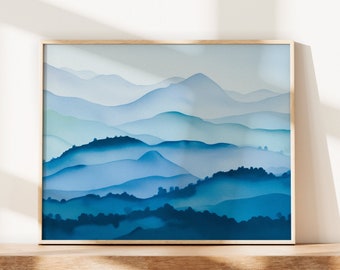 Blue Mountain Landscape Painting, Abstract Wall Art, Watercolour Wall Art, Modern Wall Art, Home Decor, Living Room Decor, Mountain Wall Art
