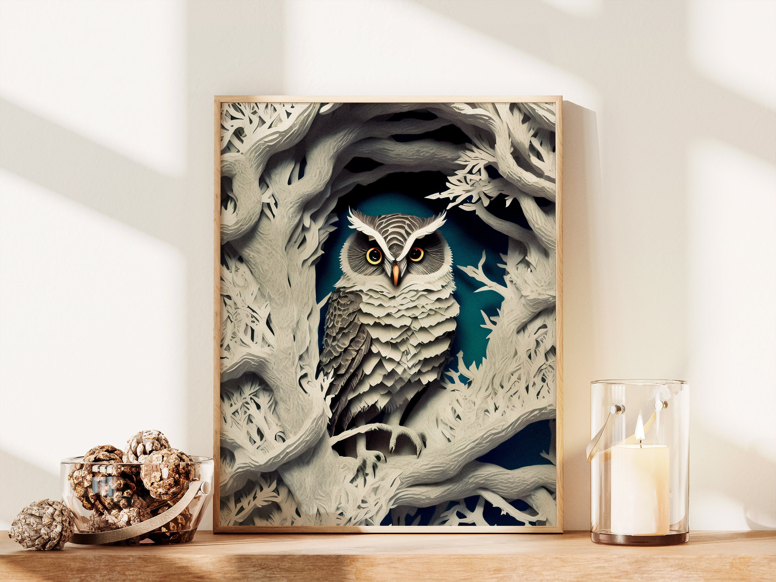 Owl Paper Cut Print, Owl Art, Ai Art, Owl Themed Artwork, 3D art, Cool Wall Art, Forest Themed Poste