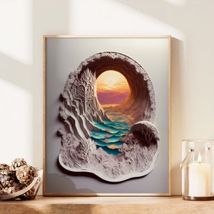 Paper cut Style Cave Print, Modern Wall Art, AI Art, 3D Art, Wall Art for Teens, Landscape Wall Art Print, Beach Theme Wall Art