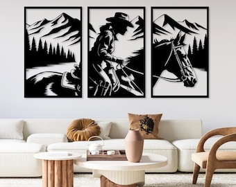May include: Black and white wall art set featuring a cowboy riding a horse, mountains, and trees. The artwork is framed in black and includes the text: .SVG .DXF .EPS .PNG .PDF.