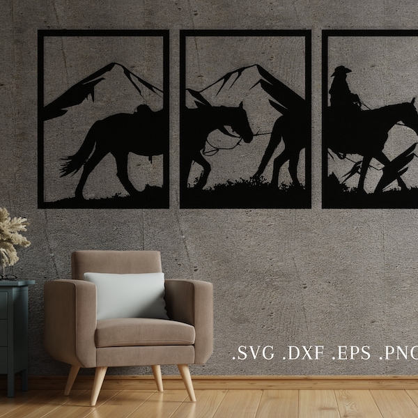 Cowboy Metal Wall Art svg , dxf, eps, png and pdf | Laser Cut, Plasma Cut File, wall art dxf, Cowboy svg, Glowforge, Horse wall art svg, CNC