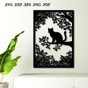 Arte de parede de metal de gato preto svg, dxf, eps, png e pdf | Painel de gato cortado a laser, arquivo de corte de plasma, painel de árvore dxf, gato preto svg, Glowforge