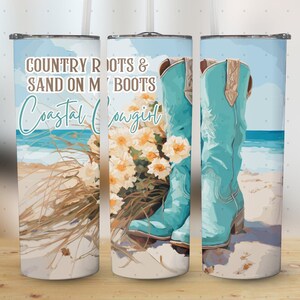 Turquoise Cowboy boots, Coastal Cowgirl Png Tumbler Wrap, Rustic Beach Vibes, 20oz Skinny Western Design