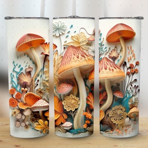 Orange 3d Mushroom 200z Tumbler Wrap Design | Sublimation Tumbler | Cottagecore Tumbler