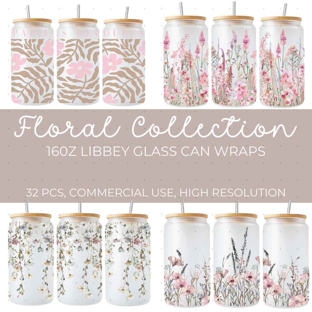 Floral Libbey Glass Can Bundle | 16oz Libbey Glass Can | Floral Glass ...