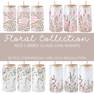 Lot de canettes en verre florales Libbey | Boîte en verre Libbey de 16 oz | Boîte florale en verre