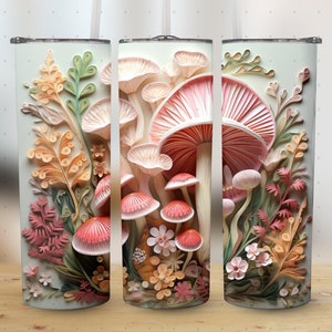 White 3d Mushroom 200z Tumbler Wrap Design | Sublimation Tumbler | Cottagecore Tumbler