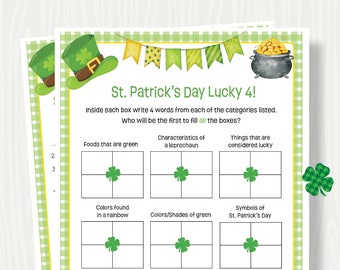 ST. PATRICK'S DAY Lucky Four Categories Game Activity, Printable St. Patrick's Day Game for Kids and Adults, Fun Game for Party or Classroom