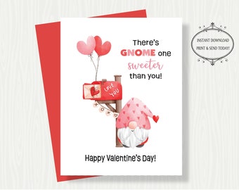 VALENTINE'S DAY PRINTABLE Card, Cute Gnomes Valentine Card, Printable Valentine Gnomes Greeting Card, Valentine Gnome Card Instant Download