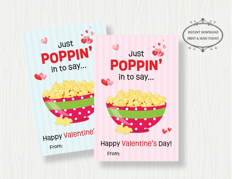 PRINTABLE POPCORN VALENTINES Day Cards, Popcorn Valentine for Kids