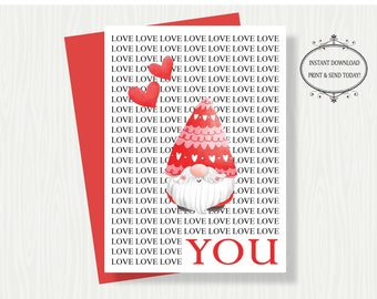 PRINTABLE VALENTINE CARD, Gnomes Valentine Card, Printable Valentine Gnomes Greeting Card, Valentine's Day Printable Card, Valentine Gnome