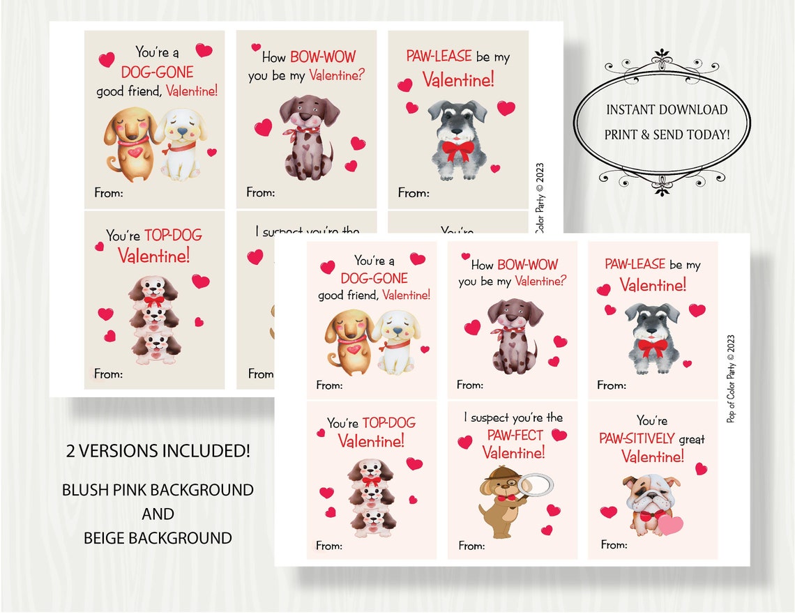 PRINTABLE DOG VALENTINE Cards, Printable Puppy Valentine Cards for Kids