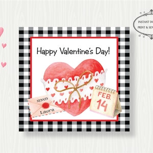 PRINTABLE HEART VALENTINE, Editable Classroom Valentine Tag, Valentine&#39;s Day Printable, Heart and Gingham Valentine Card, School Valentine