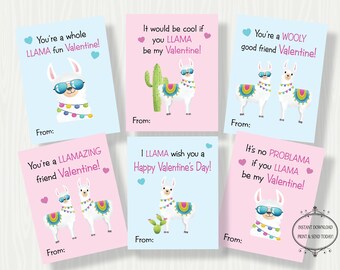 LLAMA VALENTINE CARDS, Printable Llama Valentine Cards for Kids, Fun Llama Classroom Valentine Cards, Printable School Valentine's Day Cards