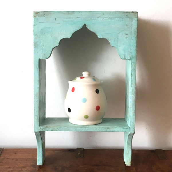Reclaimed Wooden Indian Arched Shelf Distressed Paint Aqua