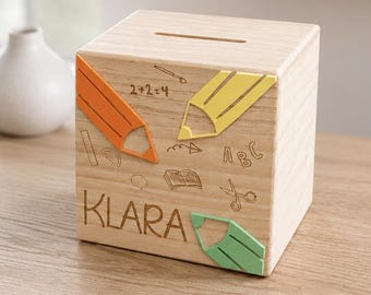Personalized wooden money box with "School Icons" | Back-to-school gift | Money gift for children with name & engraving