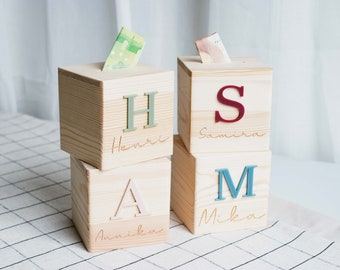 Personalized wooden money box with initial | Gift for christening, birth or Christmas | Money gift for children with name & engraving