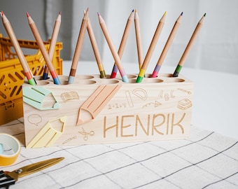 "School Icons" Desk Organizer made of wood & acrylic | Personalized pen holder for the desk | Back-to-school gift